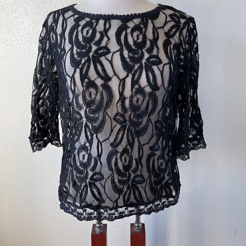 NWT Fever sheer Black Lace Top Size M